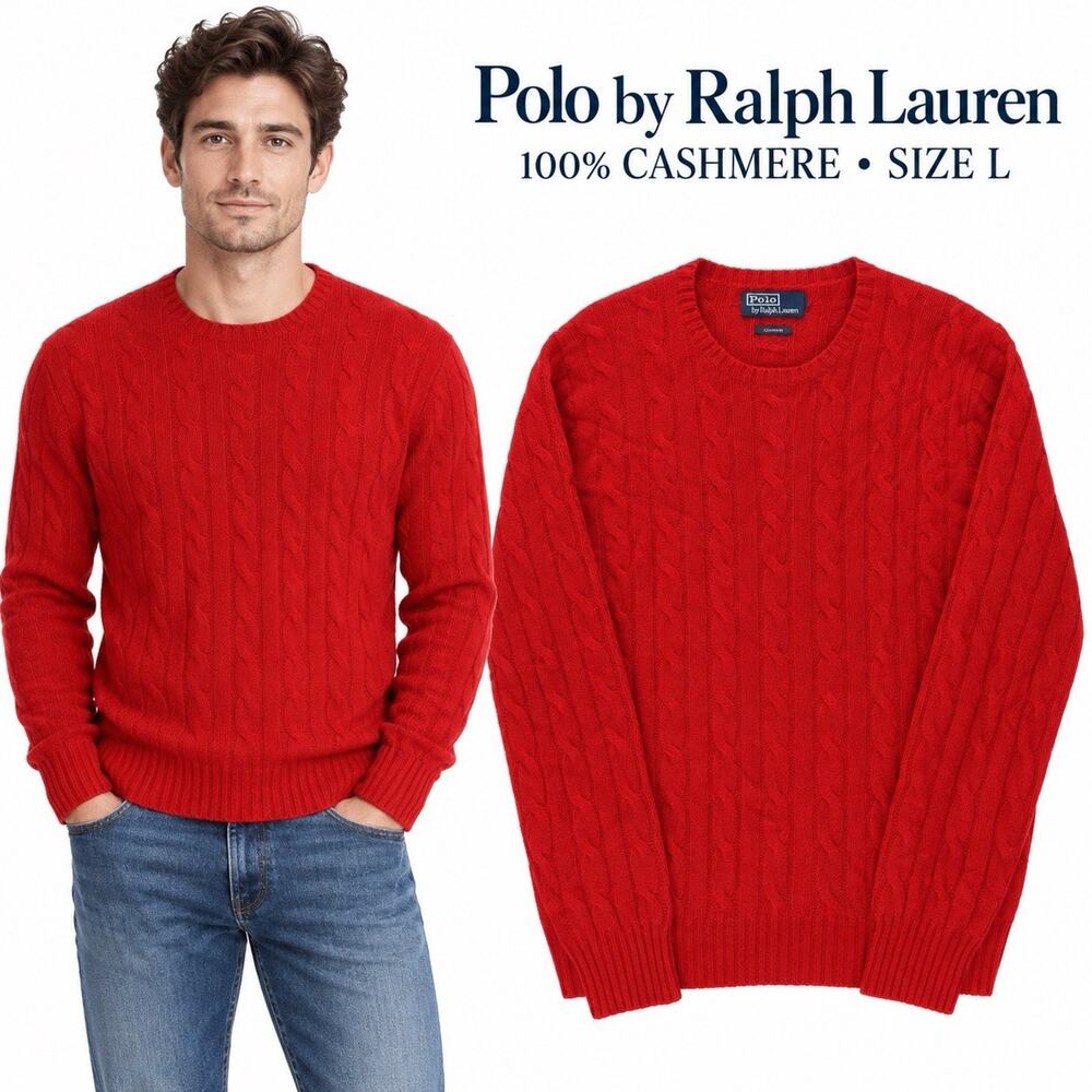 Polo by Ralph Lauren Men’s L Red Cable Knit 100% Cashmere Crewneck Sweater